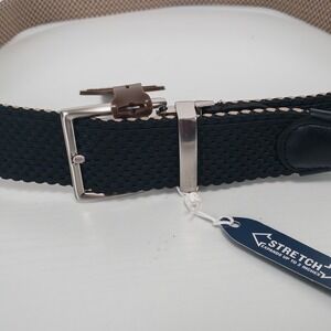 Tommy Bahama Belt Mens L 38-40 Black Khaki Reversible Stretch Woven Leather Trim